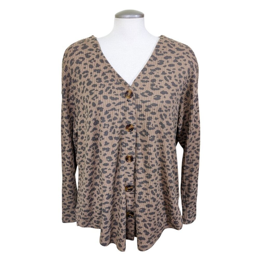 Aero Knit Cardigan Sweater Womens L Brown Leopard Print Ribbed Knit Button Up